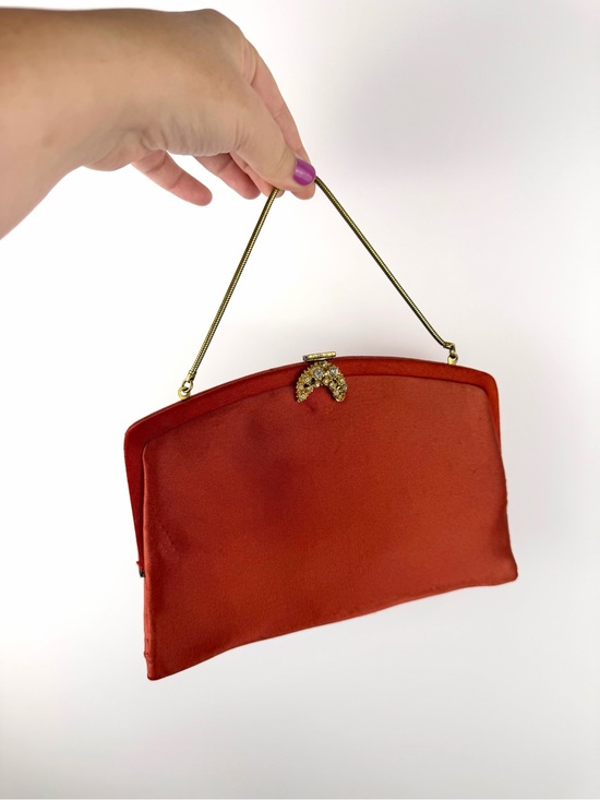 La France Handbags - Vintage Rhinestone Clasp Evening Bag Rust Satin Clutch La France Handbag